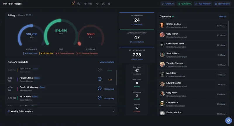 GymPoint gym management dashboard - dark mode