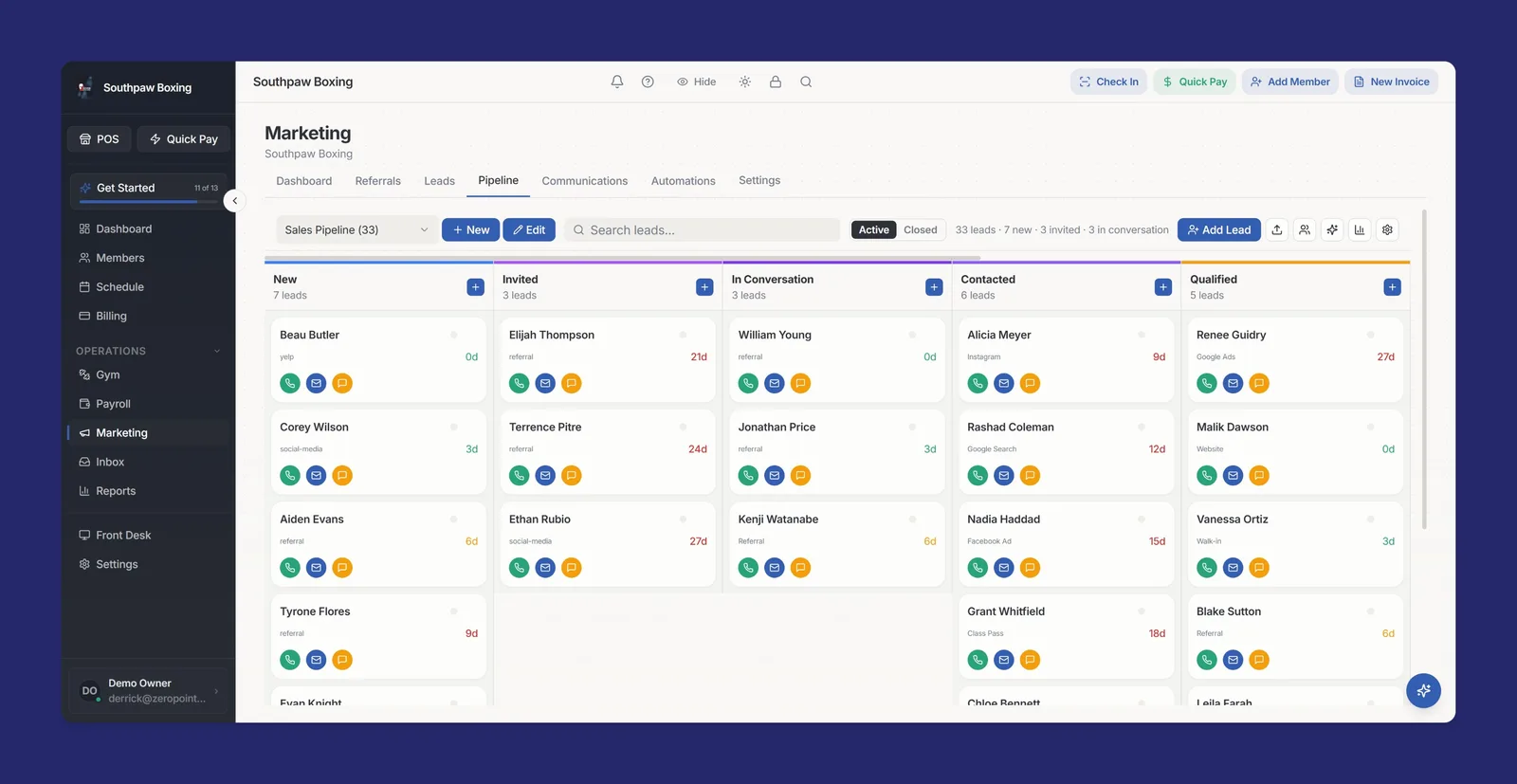 GymPoint Lead Pipeline screen